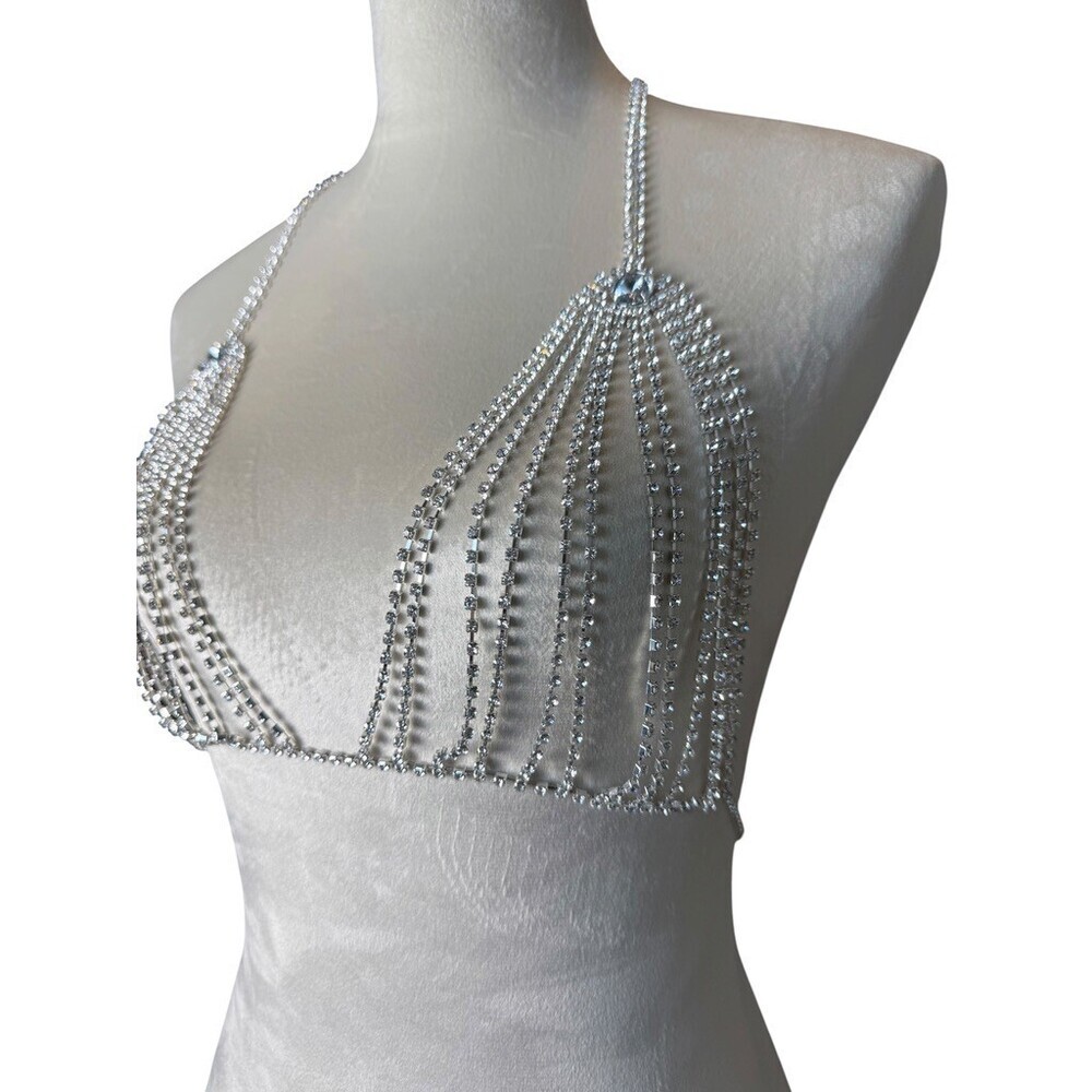 Vintage Y2K Rhinestone Crystal Body Chain Bra Top Crystal Festival Rave Small XS - Picture 2 of 8